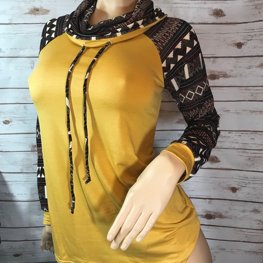 Mustard Aztec Print Long Sleeve Cowl Neck - Picture 5 of 5